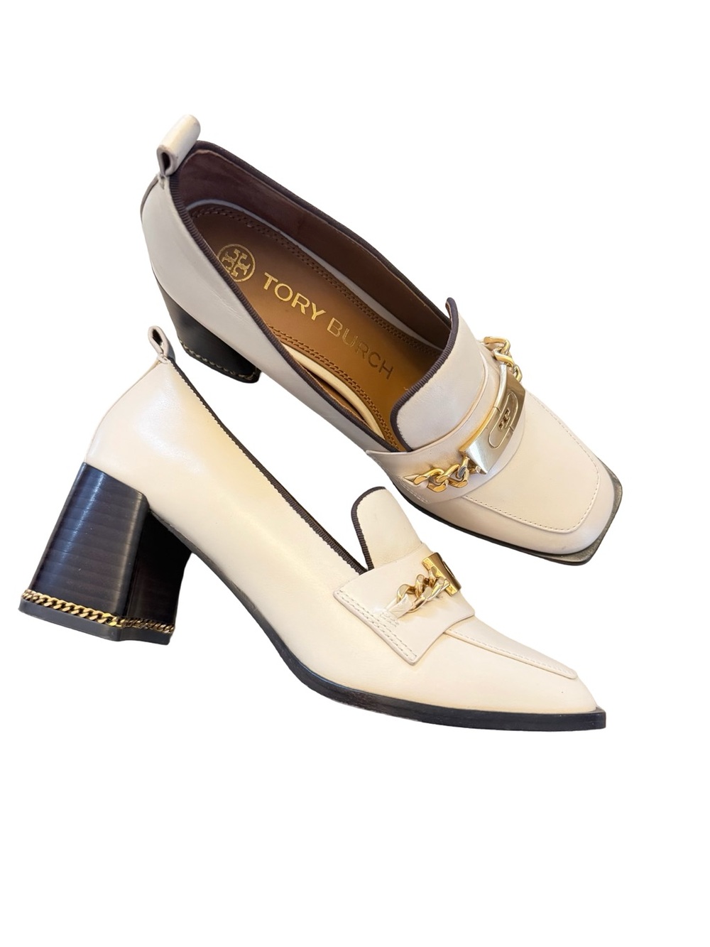 Tory Burch Cream Block Heel Loafers with Gold Chain and Brown